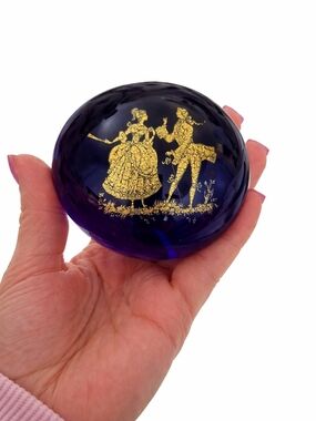 Murano Cobalt Blue Paperweight with Gold Gilded Couple